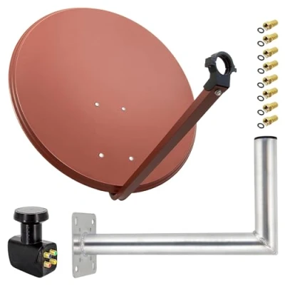 Abbildung von Premium X Satelliten Komplettanlage 80cm Satellitenantenne Ziegelrot Satellitenschüssel Quad LNB Wandhalter 45cm, SAT 4 Teilnehmer