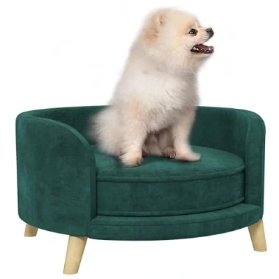 Abbildung von PawHut Tierbett Hundesofa, Haustiersofa mit Samtoptik, Katzensofa Kissen, Samt, Holzbeine, Grün, 68 x 35 cm