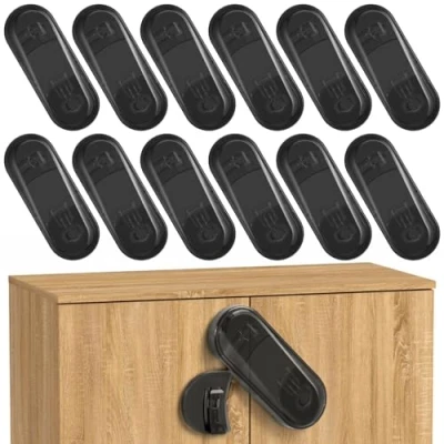 Abbildung von ECHOCUBE Kindersicherheits Schrankschlösser, 12 Packungen Baby Proofing Schrankschlösser mit Klebstoff, Sicherheits Kinderschlösser für Schränke, Schubladen (Schwarz)