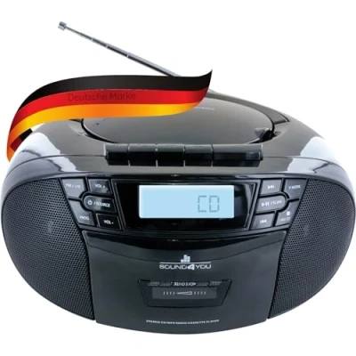 Abbildung von SCHWAIGER 658026 CD Player mit Kassette und Radio MP3 USB Anschluss FM AUX Kopfhörer Boombox Netz Batteriebetrieb Display tragbar schwarz