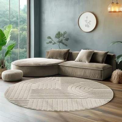 Abbildung von Hochflor Rund Teppich Wohnzimmer Küchenteppich Schlafzimmer Läufer Flur Skandi Boho 3D Design Flauschig Weich, Größe: 200 x cm Farbe: Beige