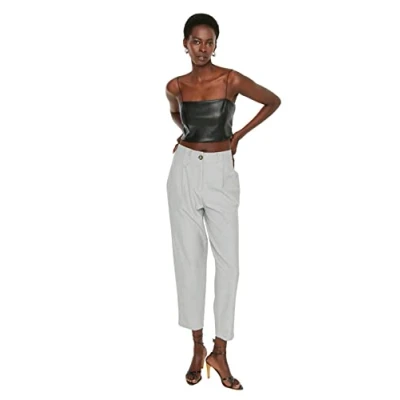 Abbildung von TRENDYOL Damen Damenhose, Hohe Taille, Gerades Bein, Karottenhose Hose, Grau, 34