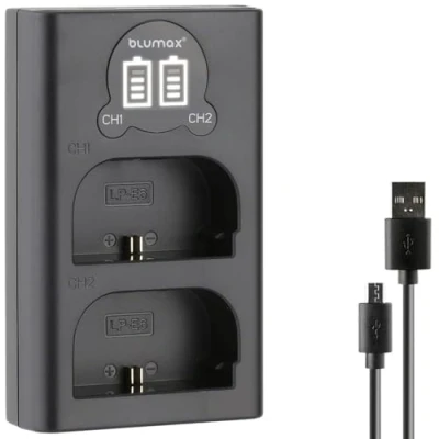 Abbildung von blumax Mini Dual Charger für Canon LP E6NH / E6N E6 Akkus Ladegerät ist Kompatibel mit EOS R Ra R5 R6 II R7 6D 7D 80D 90D XC15