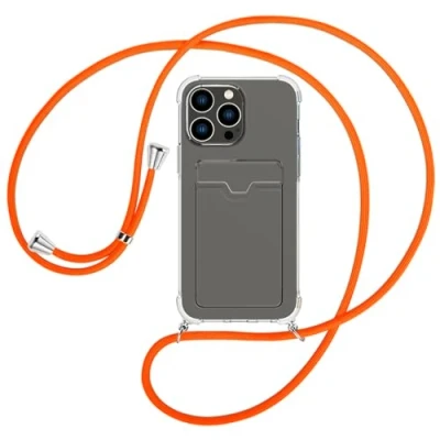 Abbildung von mtb more energy® Handykette mit Kartenfach kompatibel iPhone 15 Pro Max Neon Orange Smartphone Hülle zum Umhängen Anti Shock Full TPU Case
