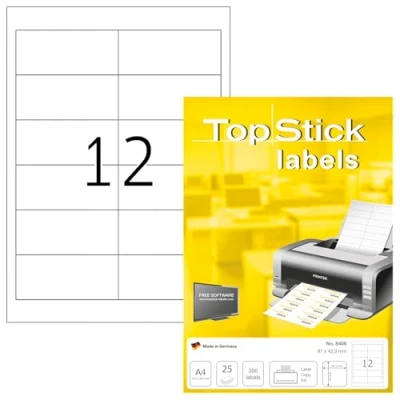 Abbildung von TopStick 8406 Universal Etiketten, 800 Blatt, 97 x 42,3 mm, 12 pro A4 Bogen, 9600 Stück, selbstklebend, bedruckbar, matt, blanko Papier Klebeetiketten Aufkleber, weiß