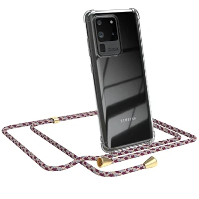 Abbildung von EAZY CASE Handykette kompatibel mit Samsung Galaxy S20 Ultra / 5G Handyhülle Umhängeband, Handykordel Schutzhülle, Silikonhülle, Hülle Band, Stylische Kette, Bordeaux Camouflage