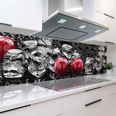 Abbildung von Rodnik Küchenrückwand Eiswürfel und Kirschen, ABS Kunststoff Platte Monolith in DELUXE Qualität mit Direktdruck
