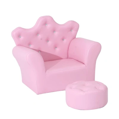 Abbildung von HOMCOM Sessel Kindersofa mit Ottomane Kindersessel Prinzessinnen Hocker Rosa (Set, 2 St., Kindercouch in Kronenform), L58 x B40.5 H49 cm