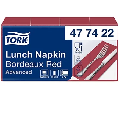Abbildung von Tork 477422 bordeauxrote Lunchservietten 1/8 gefaltet / 2 lagige, vorgefaltete Papierservietten für Snacks &amp; kleine Gerichte Advanced Qualität 10 x 200 (2000) Servietten 32,6 33 cm (B L)