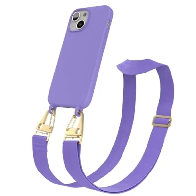 Abbildung von EAZY CASE Handykette Silikon mit Karabiner kompatibel iPhone 13 Mini Handyhülle breitem Umhängeband, Handykordel Silikon, Hülle, Kette für Smartphone, Lavendel Lila Clips Matt Gold
