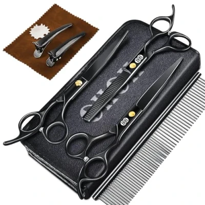 Abbildung von CIICII Hundeschere, Profi 7,8 Zoll Fellschere Hunde Set (Katzen Hundepflege Effilierschere &amp; Gebogene Gerade Haarschere) für Fellpflege Hund Katze Haustier (9Pcs Schwerlast Schwarz)