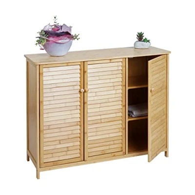 Abbildung von Mendler Badezimmerschrank HWC B18AM, Badschrank Regal Badregal Kommode, 3 Türen Bambus 81x97x34cm