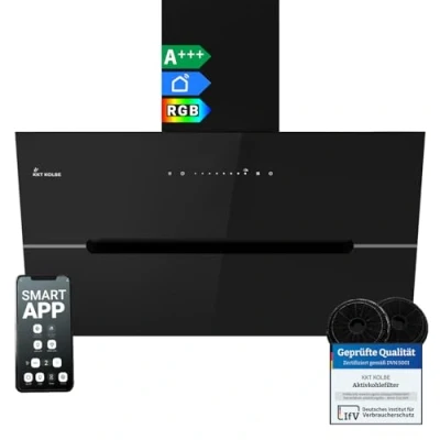 Abbildung von KKT KOLBE Dunstabzugshaube 90 cm 782 cbm/h Umluft Abluft Kopffrei Wandhaube Schwarz Glas Smart WiFi App WLAN RGBW LED Beleuchtung ECCO9005SM