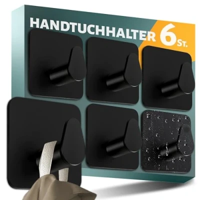 Abbildung von Menz Handtuchhalter ohne Bohren 6er SET in Schwarz Handtuchhaken Bad Edelstahl, funktionale ovale Haken selbstklebend Starke oval Klebehaken als stilvolle Wandhaken