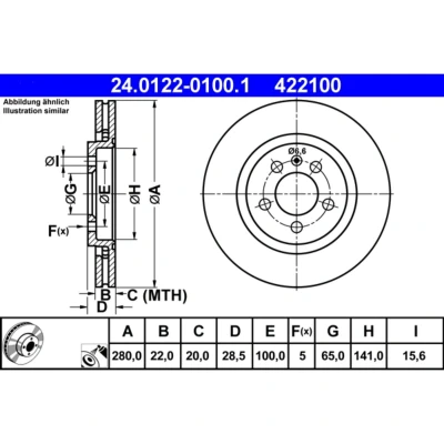 Abbildung von ATE 24.0122 0100.1 Bremsscheibe 280,0 22,0 5 100,0 Belüftet beschichtet hochgekohlt VOLKSWAGEN: GOLF 3, Passat B3/B4 Variant, Corrado, SEAT: TOLEDO 1