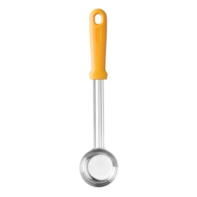 Abbildung von HENDI Saucenlöffel, für Pizza, Heavy duty, Flacher Boden, ergonomischer Griff, Schöpflöffel, Soßenlöffel, Schöpfkelle, Fassungsvermögen: 90ml, 325x72x(H)25mm, Edelstahl, Polypropylen, orange