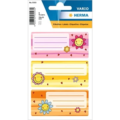 Abbildung von HERMA 5593 Buchetiketten zum Beschriften Blumengesichter, 9 Stück, 76 x 35 mm, selbstklebend, liniert, Buchaufkleber für Schule Kinder Mädchen Jungen, mehrfarbige Heftetiketten Aufkleber, bunt