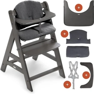 Abbildung von Hauck Hochstuhl Alpha Charcoal Selectline im Sparset inkl. Holz Essbrett und Sitzkissen Jersey