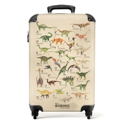 Abbildung von NoBoringSuitcases.com© Kinderkoffer Alphabet Dino Retro Jungen 55x35x20cm, 4 Rollen, Handgepäck Koffer, Hartschalenkoffer Kinder,
