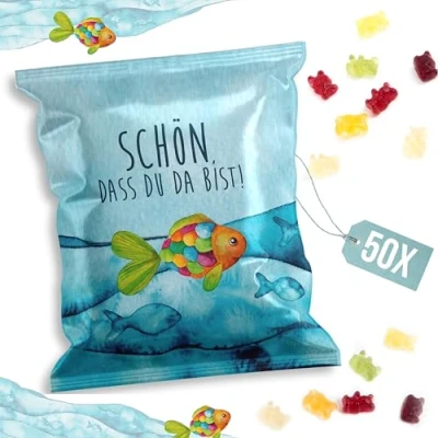 Abbildung von Logbuch Verlag 50 kleine Gastgeschenke Fruchtgummi Tütchen türkis bunt mit REGENBOGENFISCH Tischdeko Give Away Kommunion