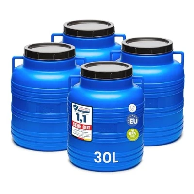 Abbildung von Garronda Set 4x 30 Liter Weithalsfass BPA frei Futtertonne Fass Universalfass Lebensmittel Regenfass für Garten Regentonne mit Deckel Regenwassertonne Wassertonne GD 0121, Blau
