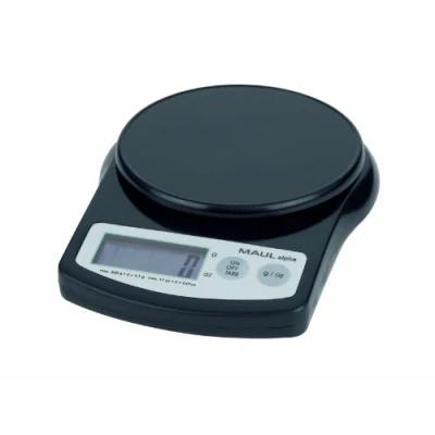 Abbildung von MAUL Präzisionswaage MAULalpha 18,8 x 14,1 3,7 cm Briefwaage bis 500g Große Wiegefläche Ø 12,4 Automatische Nullstellung und Abschaltautomatik Inklusive Batterien Schwarz