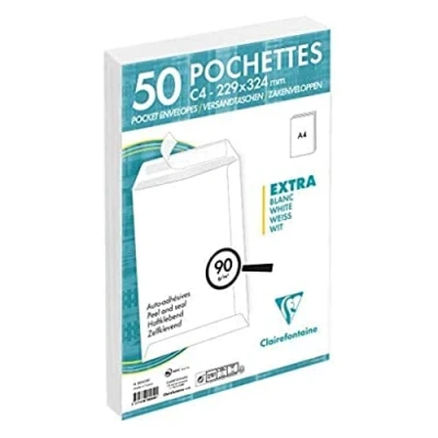 Abbildung von Clairefontaine 805050C Packung mit 50 Versandtaschen weiß C4 229x324 mm, selbstklebend, 90g, 1 Pack