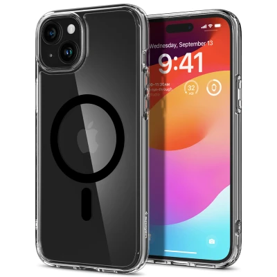 Abbildung von Apple iPhone 15 Hülle MagSafe Kunststoff Spigen Hard Case/Backcover Handyhülle Schwarz Shockproof/Stoßfest