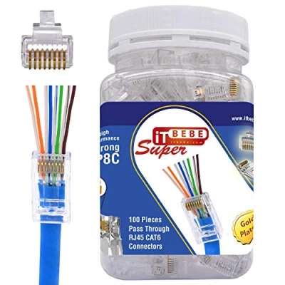 Abbildung von ITBEBE Pack of 100 Cat 6 Pass Through RJ45 Connectors (Cat6 Passthrough / Cat6 Plug Connector) for Solid or Stranded UTP Cables