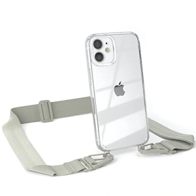 Abbildung von EAZY CASE Hülle mit Band kompatibel iPhone 12 Mini Handyhülle Umhängeband für Silikonhülle Transparent Schutzhülle Handykette zum Umhängen Handykordel Smartphone in Taupe Grau