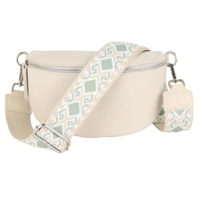 Abbildung von MIRROSI® Bauchtasche Damen, Echtleder, Made in Italy, Umhängetasche, Brusttasche, Crossbody Bag (1 Tasche &amp; 2 Gurte) (Beige (Diamonds), Mittelgroße (25x16x7cm))