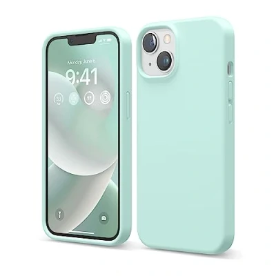 Abbildung von elago Schutzhülle für iPhone 14, Flüssigsilikon, Ganzkörper Schutzhülle, stoßfest, schlanke Handyhülle, kratzfestes, weiches Mikrofaserfutter, 15,5 cm (6,1 Zoll), Aqua Sky