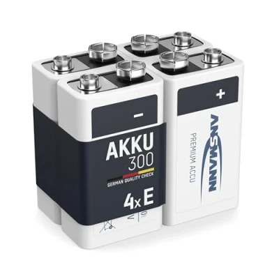 Abbildung von ANSMANN Akku 9V Block Typ 300mAh NiMH 4 Stück mit geringer Selbstentladung Wiederaufladbare Batterien maxE hoher Kapazität 9 Volt Batterie für Messgerät Multimeter Spielzeug Fernbedienung