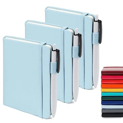 Abbildung von feela Notizbuch A6, 3 Stück Notizbücher Set, Journale Buch Bulk mit Gelstiften schwarz, 80 GSM, 112 Seiten, 8,89x13,97cm, Mini Notizblock Set geeignet für Büro und Schule, hellblaues Notizheft