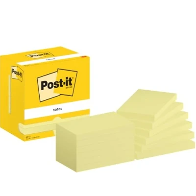 Abbildung von Post it Notizen Kanariengelb, Packung mit 12 Blöcken, 100 Blatt pro Block, 76 mm x 127 mm, Farbe: Gelb Selbstklebende Notizzettel für Notizen, To Do Listen und Erinnerungen