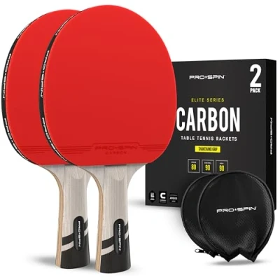 Abbildung von PRO SPIN Carbon Tischtennisschläger 7 lagiges Schlägerblatt, Offensiv Gummi, 2,0 mm Polster, Hochwertige Schutzhülle Elite Series Tischtennisschlaeger (2er Pack)