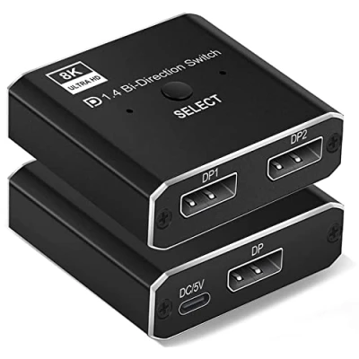 Abbildung von Azwamkue Displayport1.4 Switch 8K Displayport Bidirektionaler Splitter KVM 2X1 1X2 Display Port 8K@30Hz 4K@120Hz