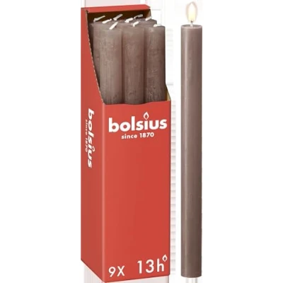 Abbildung von Bolsius Rustik Stabkerzen Taupe 9 Stück 27 x 2.3 cm Länge Brenndauer 13 Stunden Unparfümierte Enthält Natürliches Pflanzenwachs Ohne Palmöl