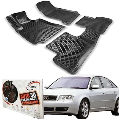 Abbildung von Trimak Passgenau 3D Fussmatten Auto Kompatibel mit Audi A6 C5 1996 2004 Zubehör 1. und 2. Reihe Gummimatten Autos TPE Allwetter Geruchlos rutschfest Vorne Hinten Schwartz