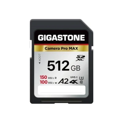 Abbildung von GIGASTONE A2 V60 SDXC Speicherkarte, 512GB, 4 K Pro Serie, Geschwindigkeit 150 MB/s, kompatibel mit Canon Nikon Sony Panasonic, U3 UHS I Klasse 10 für 4K UHD Video, inkl. 1 Mini Etui