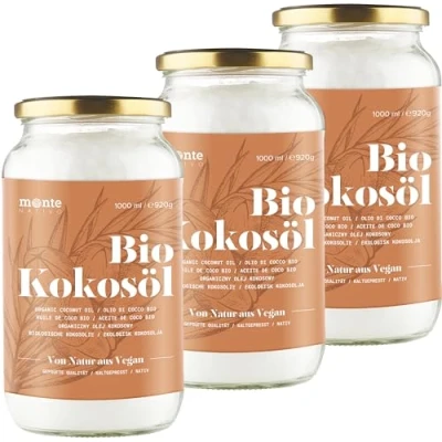 Abbildung von MonteNativo Bio Kokosöl Kokosfett, Kokosnussöl, Premium, Nativ und Naturrein, 1. Kaltpressung, Rohkostqualität zum Kochen, Braten Backen, für Haare Haut (3 x 1000ml Schraubglas)