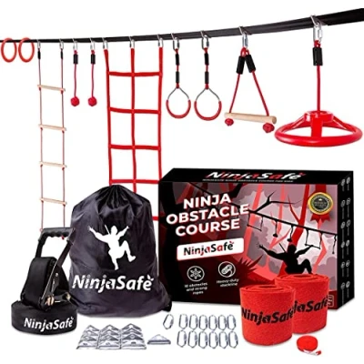 Abbildung von Ninja Hinderniskurs für Kinder Hinterhof 10 robuste Hindernisse und 15,7 m Slackline Outdoor Spielset Ausrüstung Mädchen &amp; Jungen mit Kletternetz Leiter, Rad, Kriegergymnastik Affenstangen