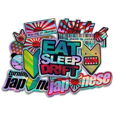 Abbildung von Finest Folia JDM Aufkleber Set für Auto Motorrad Helm Japan Stickerbomb japanische OEM Sticker Tuning Autoaufkleber Folie selbstklebend wetterfest R207 (Stickerbogen 1, Mit Hologramm Effekt)