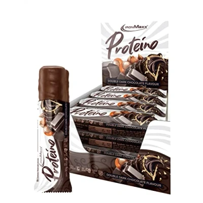 Abbildung von IronMaxx Proteino Proteinriegel Double Dark Chocolate 12 x 30g High Protein Bar auf Waffelbasis mit cremiger Füllung zuckerreduzierter Eiweißriegel glutenfrei und palmölfrei