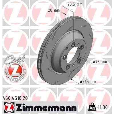 Abbildung von ZIMMERMANN 460.4518.20 Bremsscheibe 365 28 8/5 5 130 innenbelüftet, geschlitzt beschichtet PORSCHE: Panamera, Panamera Sport Turismo