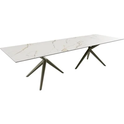Abbildung von Esstisch Edge 300x100 Keramik Calacatta Luxe Weiß Gold Grau Estelar rund Metall Effektfinish Titan