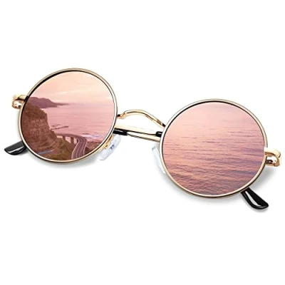 Abbildung von KANASTAL Runde Sonnenbrille Herren Damen Klassische Retro Polarisierte Rund mit Metallrahmen Vintage Hippie Rave Brille UV400 Schutz, Gold Rahmen Verspiegelt Rosa Gläser