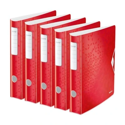 Abbildung von Leitz Qualitäts Ordner 180 Active WOW, Metallic Rot, 5er Pack, A4 Ordner, gebogener Rücken, 65 mm Breite, elastische Befestigung, leichtes Polyfoam Material, 11070026