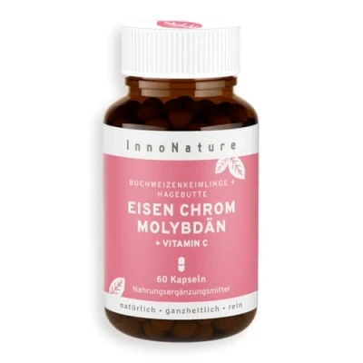 Abbildung von InnoNature Eisen Chrom Molybdän Kapseln natürlich aus Buchweizenkeimlingen und Hagebutte 60 Kapseln, 14 mg + 80 μg 100 pro Kapsel glutenfrei, vegan, pflanzlich