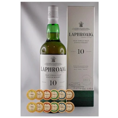 Abbildung von Laphroaig 10 Jahre Islay Single Malt Whisky + 12 Edelschokoladen in 6 Sorten